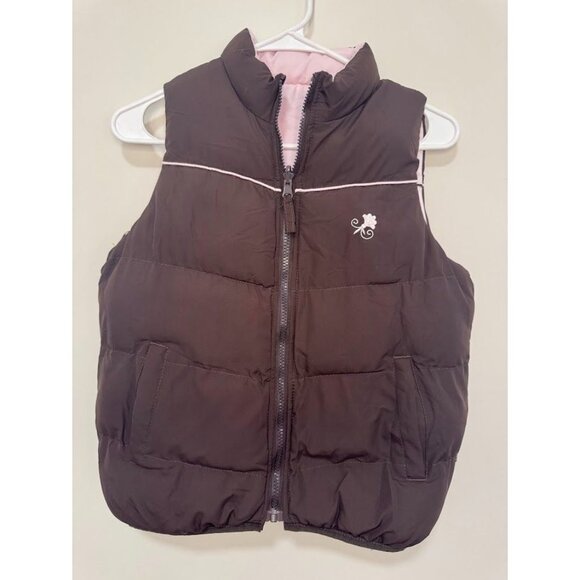 Girls Reversable Puffer Vest, Pink and Brown Size Medium - Picture 1 of 8